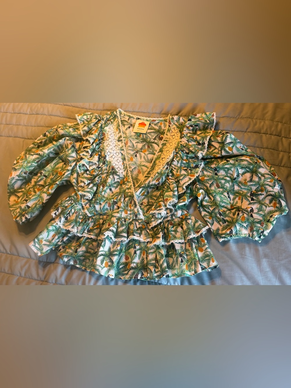 Tropical Ruffle Wrap Top with Lace Trim - Green Palm Print